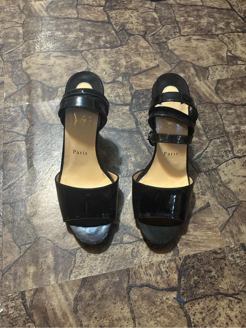Aris Black Patent Leather Open-Toe Heeled Sandals